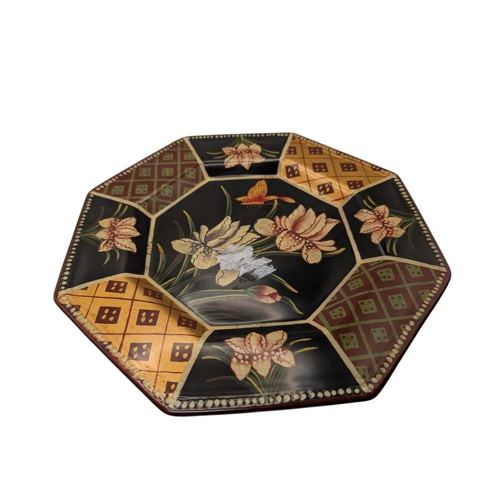 Vintage Oriental Accent Plate Octagon Decorative Butterfly Flowers Ceramic Black